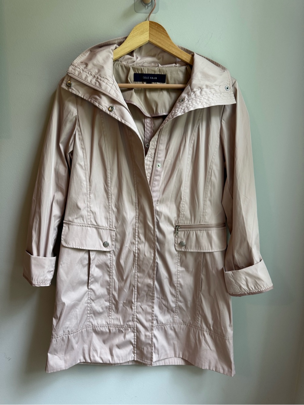 Cole Haan Pale Pink Hooded Trench Coat Y2K Vintage Feel Packable Rain Jacket